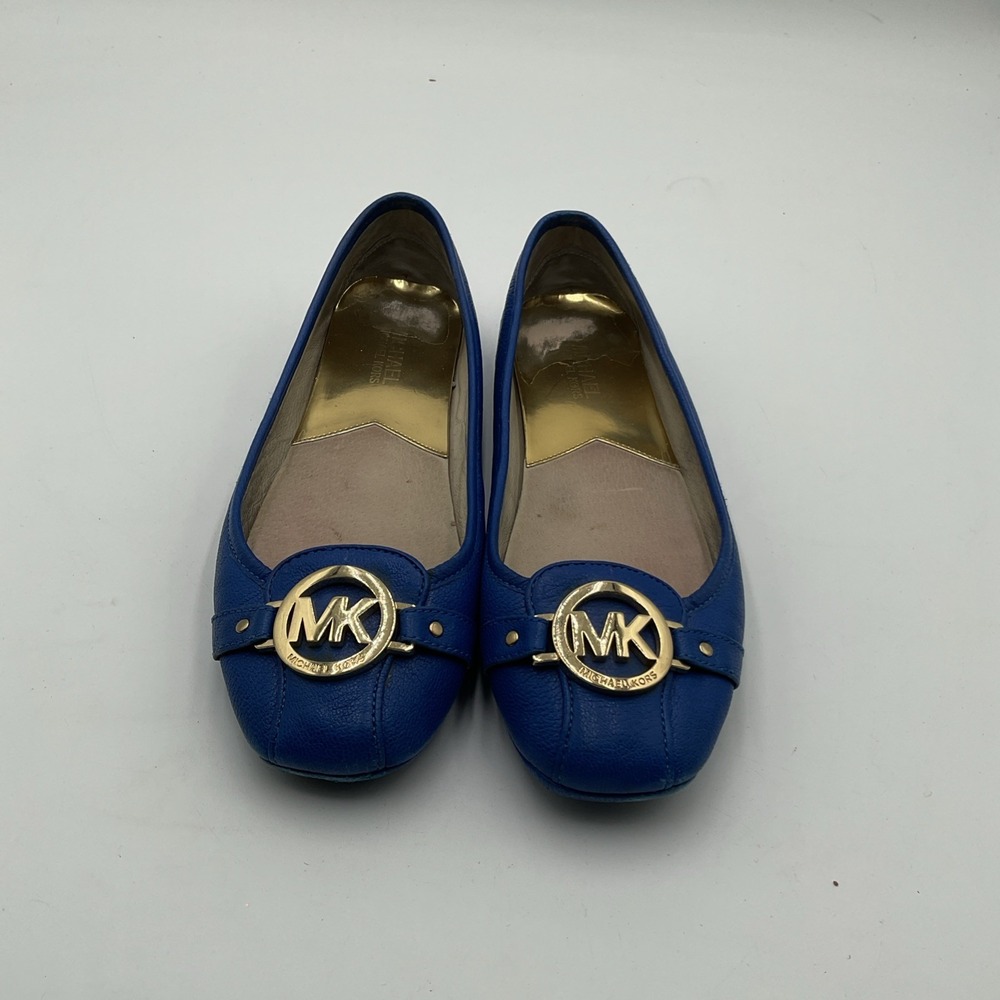 MICHAEL KORS 8.5 Fulton Ballet Flats Blue Saffiano Driving Moc Leather Gold Logo
